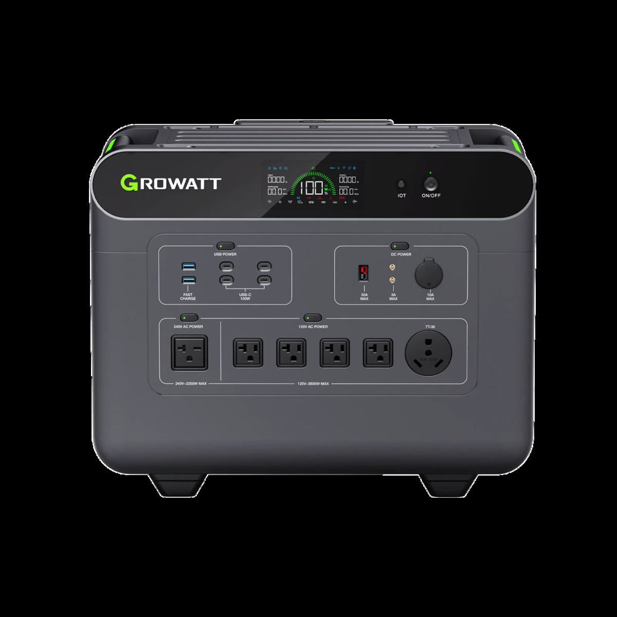 Estación de energía Growatt con salidas 120V y 240V