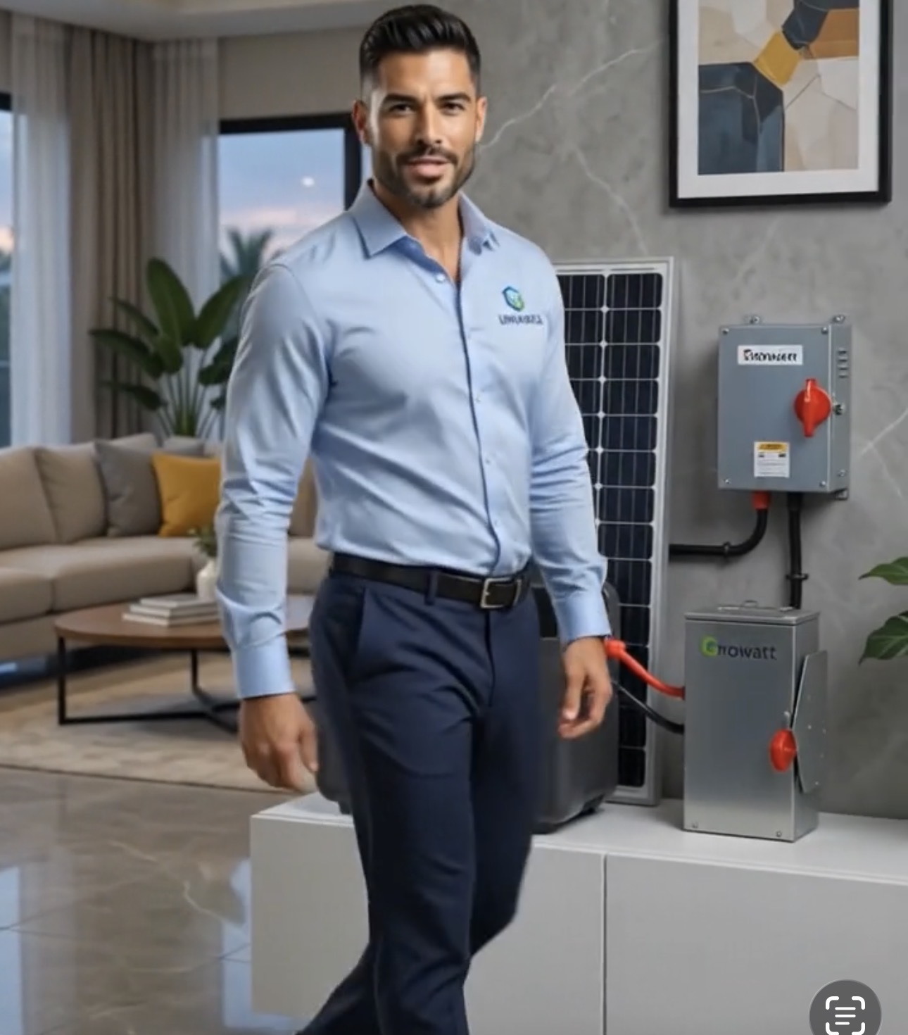 Asesor de Univanta junto a panel solar, batería de respaldo e inversor Growatt en un hogar