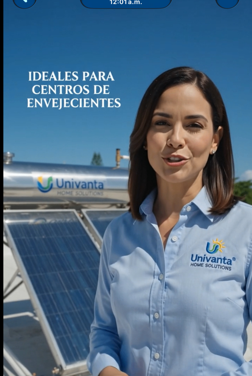 Asesora Univanta junto a un calentador solar instalado en techo en Puerto Rico